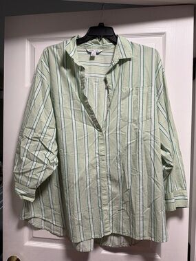 Old Navy Light Green and White Striped Boyfriend Shirt